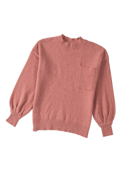 Puff Sleeve Pocketed Crewneck Sweater