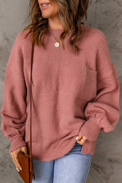 Puff Sleeve Pocketed Crewneck Sweater